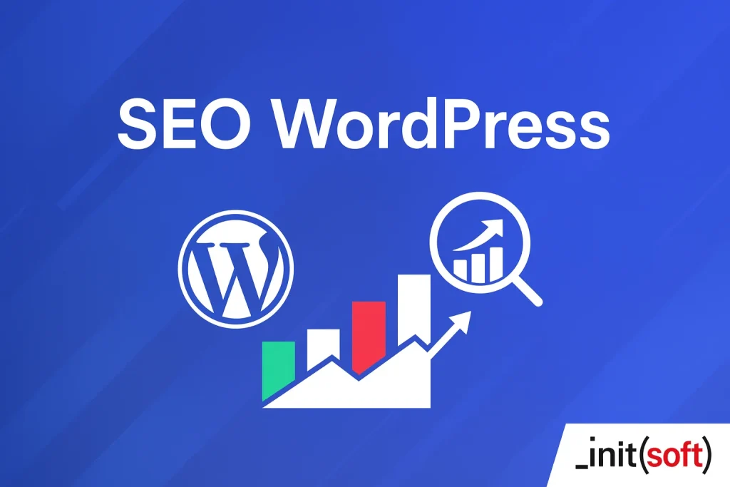 Napis „SEO WordPress" nad logo WordPressa, rosnącym wykresem słupkowym i lupą
