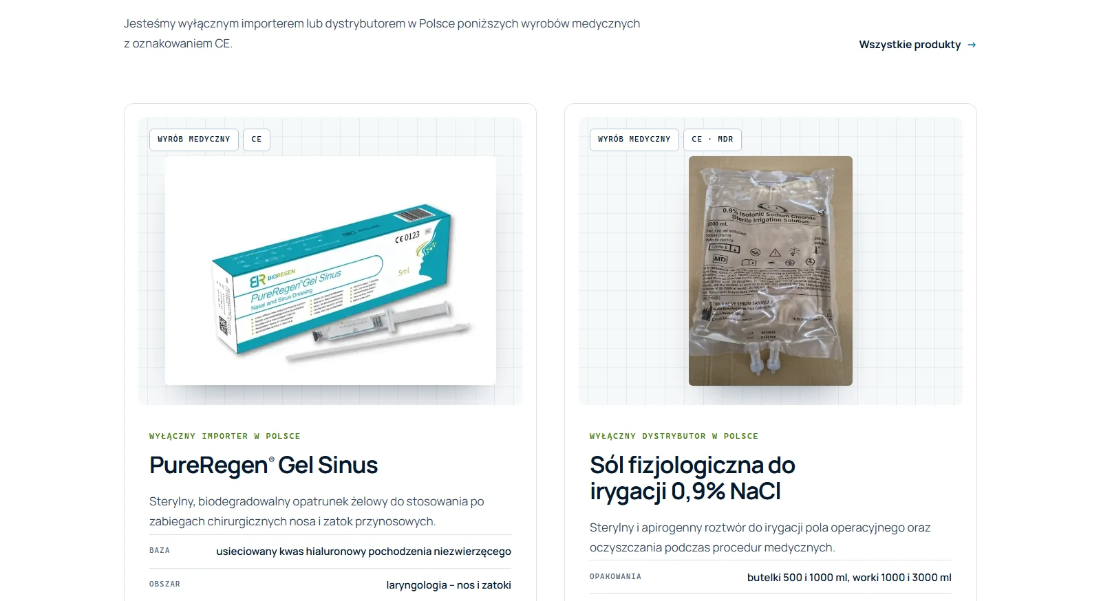 Sekcja wyrobów medycznych w wyłącznej dystrybucji na stronie Pharmaget — dwie karty produktów ze zdjęciami, oznaczeniami CE i MDR oraz opisem zastosowania