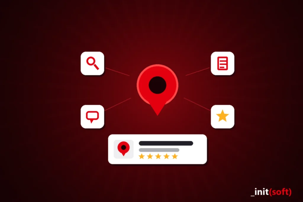 Pinezka Map Google otoczona ikonami wyszukiwania, opisu, opinii i oceny oraz karta wizytówki z pięcioma gwiazdkami