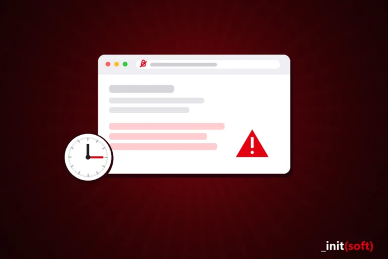 Okno przeglądarki z przekreśloną kłódką i spamem w treści strony, obok zegar i czerwony trójkąt ostrzegawczy
